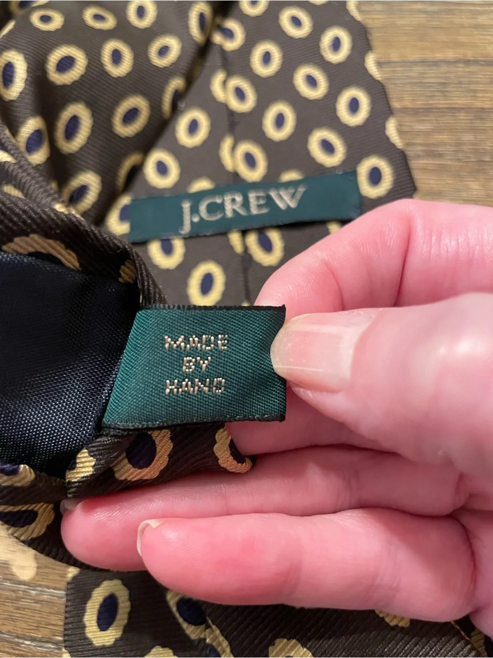 Vintage 90s J.Crew 100% Silk Tie Hand Made in USA Brown Navy Gold Geometric